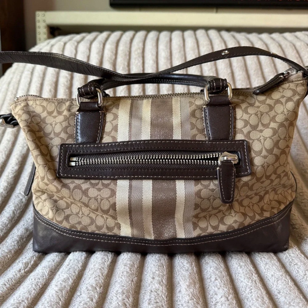 Coach Legacy Signature Stripe Satchel Khaki Mahogany Canvas Leather Handbag